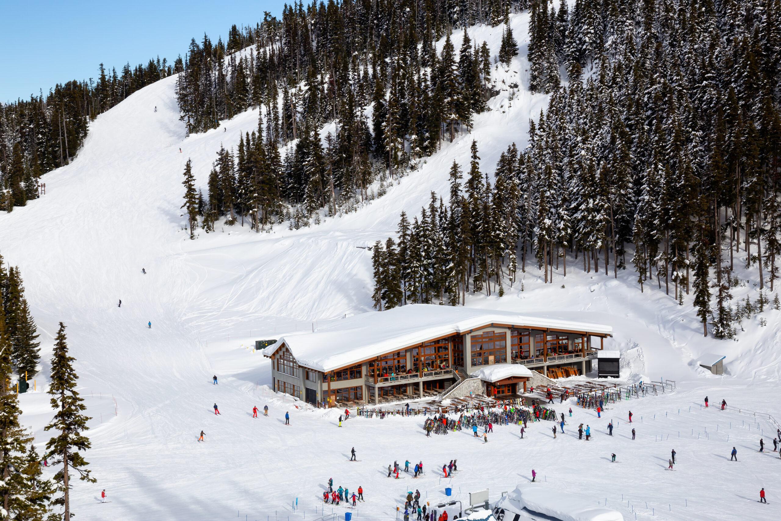 Ski lodge with lots of skiers